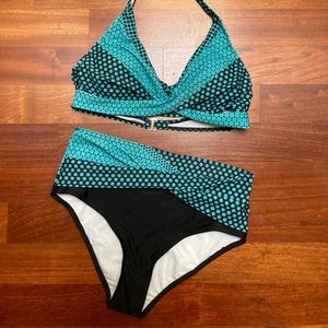 Teal green & black polka dot bikini, large